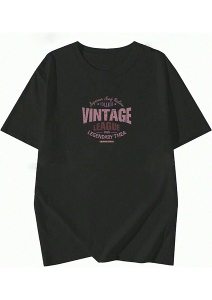 Kadın Siyah Vintage Leage 1990 Baskı Oversize Tişört modelleri