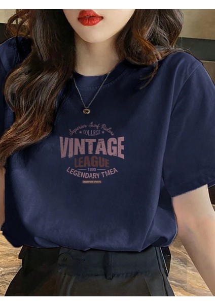 Kadın Lacivert Vintage Leage 1990 Baskı Oversize Tişört