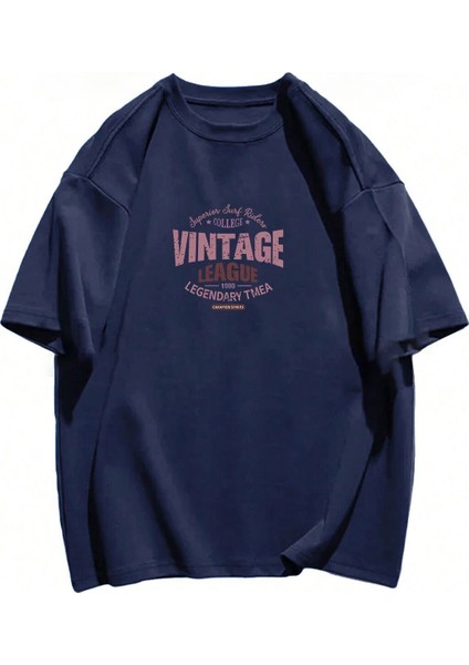 Kadın Lacivert Vintage Leage 1990 Baskı Oversize Tişört modelleri