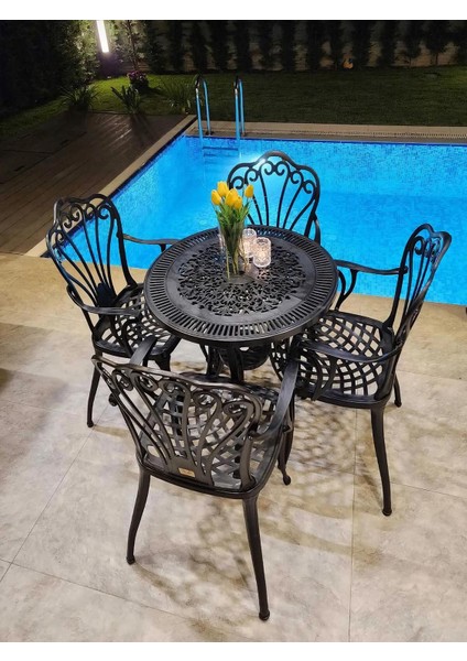 Ferforje Görünümlü Plastik Yuvarlak Istanbul Masa Sandalye Takımı 1 Masa 4 Sandalye Balkon, Bahçe Mobilyası modelleri