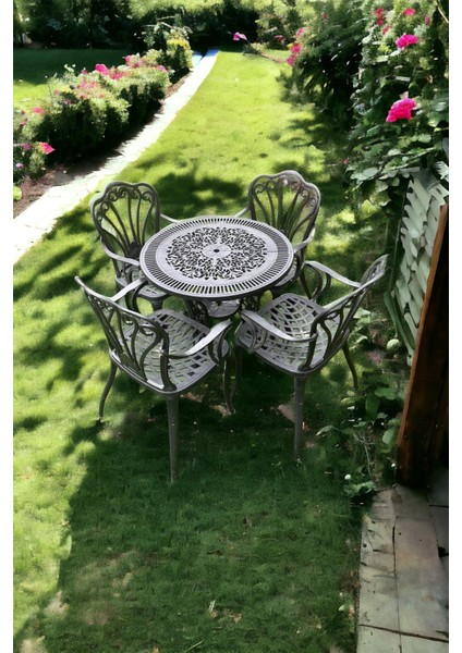 Ferforje Görünümlü Plastik Yuvarlak Istanbul Masa Sandalye Takımı 1 Masa 4 Sandalye Balkon, Bahçe Mobilyası fırsatları