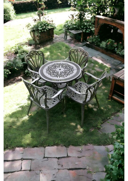 Ferforje Görünümlü Plastik Yuvarlak Istanbul Masa Sandalye Takımı 1 Masa 4 Sandalye Balkon, Bahçe Mobilyası indirimleri