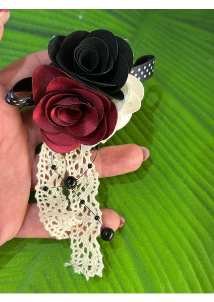 8x7 cm Püsküllü Boncuklu Güllü Tasarım Broş Yaka Iğnesi