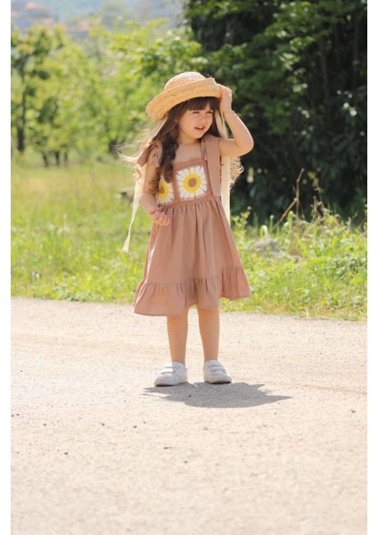 Askılı Pamuk Dokuma Örgü Detaylı elbise - Camel