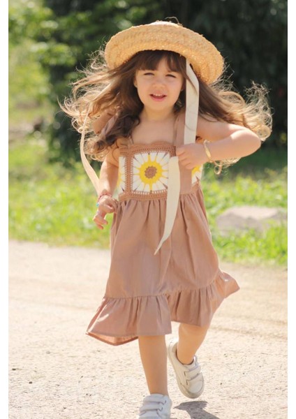 Askılı Pamuk Dokuma Örgü Detaylı elbise - Camel fiyatları