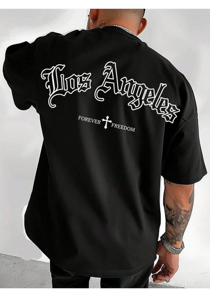 Erkek Siyah Los Angeles Forever Freedom Baskılı Oversize Tişört
