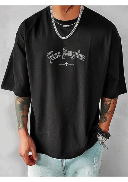 Erkek Siyah Los Angeles Forever Freedom Baskılı Oversize Tişört fiyatları
