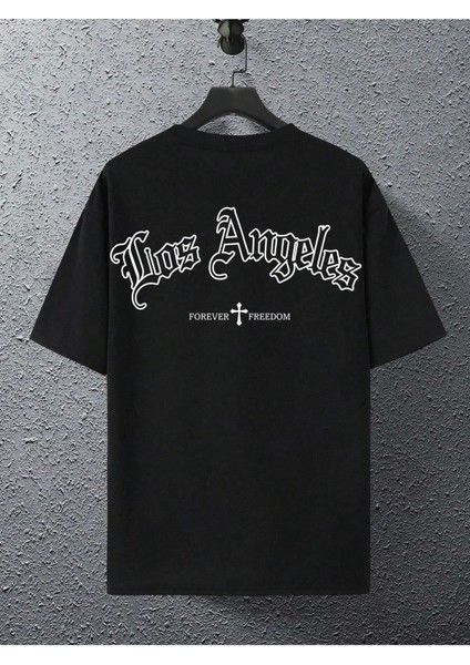 Erkek Siyah Los Angeles Forever Freedom Baskılı Oversize Tişört modelleri