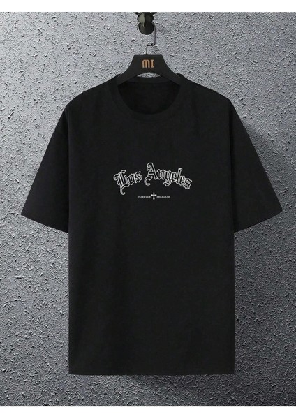 Erkek Siyah Los Angeles Forever Freedom Baskılı Oversize Tişört fırsatları