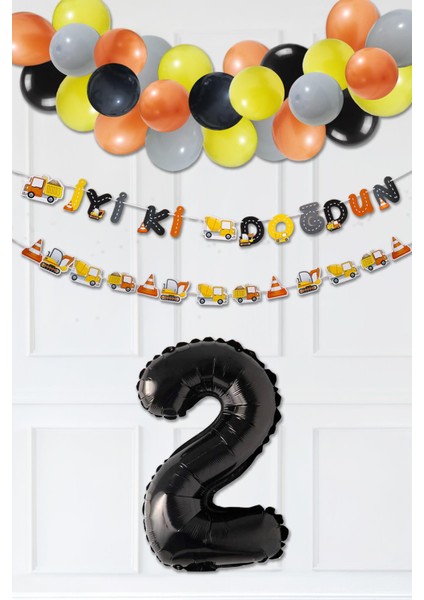 Inşaat Doğum Günü Balon Zinciri Yaş Balonlu Parti Süsleme Seti Bannerlı Rakam Balonlu Paket