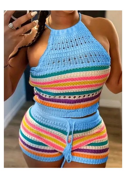 Kadın Kolsuz Halter Yaka Çizgi Desenli Crop Şort Ikili Triko Takım