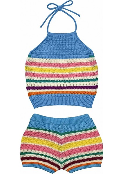 Kadın Kolsuz Halter Yaka Çizgi Desenli Crop Şort Ikili Triko Takım