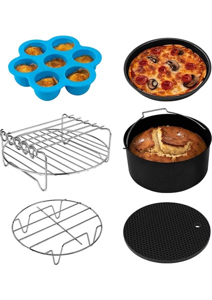 Çift Hava Fritözü Için 6 Adet Hava Fritöz Aksesuarları, 4 Barbekü Çubuklu Çok Katmanlı Kurutucu Rafı, Kek Tavası, (8 Inç) (Yurt Dışından)
