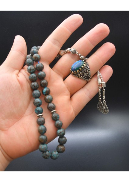 Gümüş 33'lük Doğal Kaplan Gözü Taşlı Tesbih Seti ve 925 Ayar Gümüş Kaplan Gözü Taşlı Erkek Yüzüğü