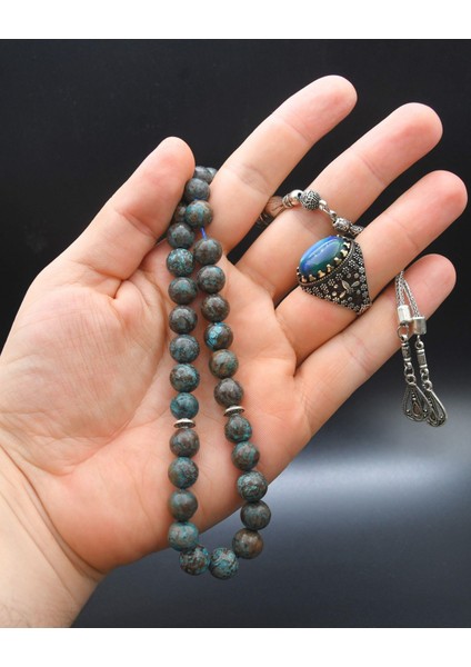 Gümüş 33'lük Doğal Kaplan Gözü Taşlı Tesbih Seti ve 925 Ayar Gümüş Kaplan Gözü Taşlı Erkek Yüzüğü modelleri