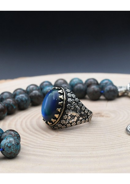 Gümüş 33'lük Doğal Kaplan Gözü Taşlı Tesbih Seti ve 925 Ayar Gümüş Kaplan Gözü Taşlı Erkek Yüzüğü fırsatları