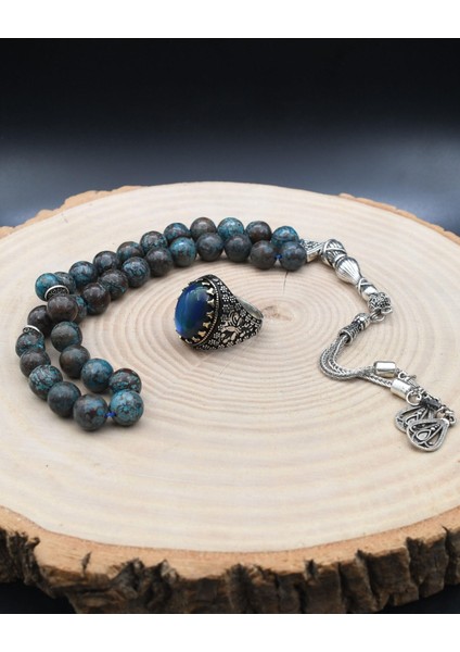 Gümüş 33'lük Doğal Kaplan Gözü Taşlı Tesbih Seti ve 925 Ayar Gümüş Kaplan Gözü Taşlı Erkek Yüzüğü indirimleri