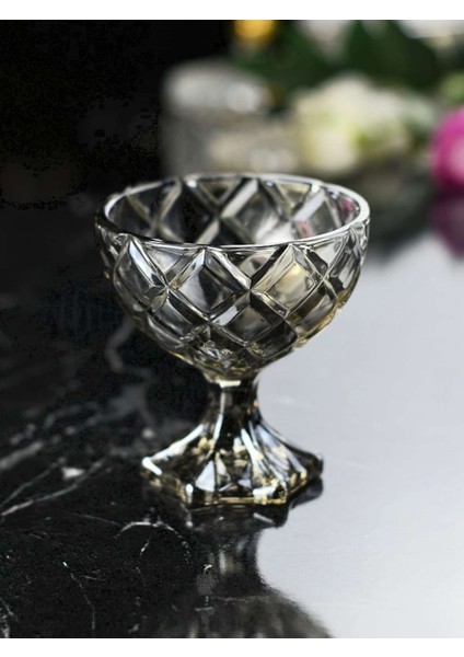 Diamond Kesme Dekor Füme Ayaklı Cam Kase Takımı - 6 Lı
