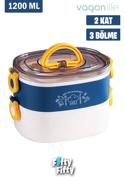 1200 ml Iki Kat Üç Bölme Paslanmaz Çelik Bento Lunch Box Yeni Nesil Sefer TASI-ÇATALLIKAŞIK-FFLBOX50251