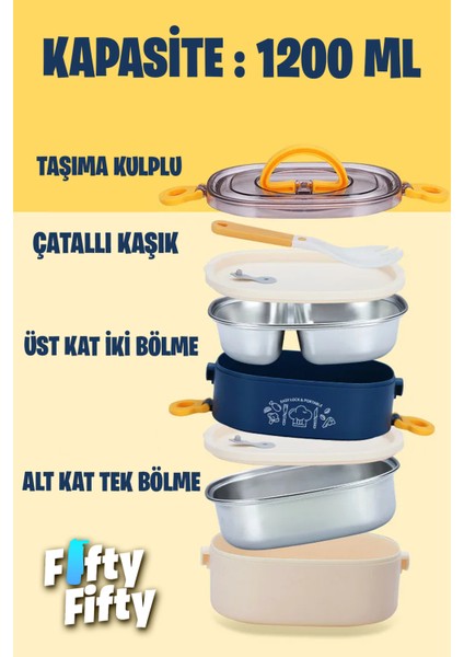 1200 ml Iki Kat Üç Bölme Paslanmaz Çelik Bento Lunch Box Yeni Nesil Sefer TASI-ÇATALLIKAŞIK-FFLBOX50251