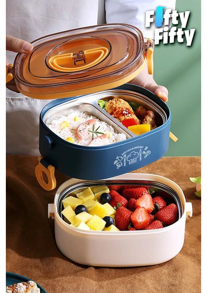 1200 ml Iki Kat Üç Bölme Paslanmaz Çelik Bento Lunch Box Yeni Nesil Sefer TASI-ÇATALLIKAŞIK-FFLBOX50251