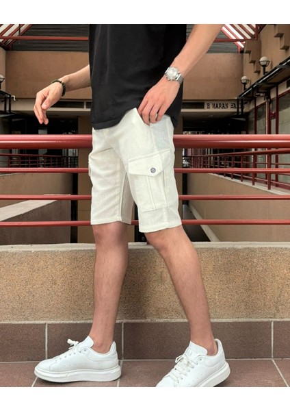 Erkek, Bel Lastikli, Kargo Cepli, Pamuklu, Keten Dokuma, Bağcıklı Şort 24INP287 fiyatları