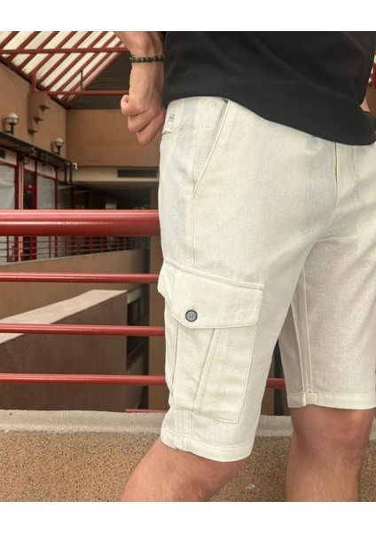 Erkek, Bel Lastikli, Kargo Cepli, Pamuklu, Keten Dokuma, Bağcıklı Şort 24INP287 modelleri