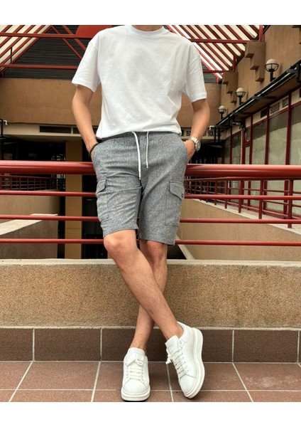 Erkek, Bel Lastikli, Kargo Cepli, Pamuklu, Keten Dokuma, Bağcıklı Şort 24INP287