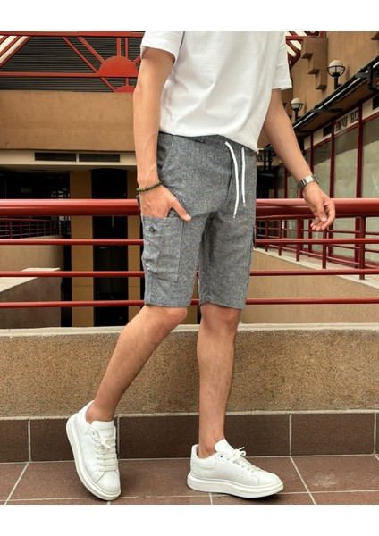 Erkek, Bel Lastikli, Kargo Cepli, Pamuklu, Keten Dokuma, Bağcıklı Şort 24INP287 fırsatları