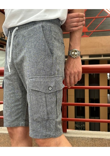 Erkek, Bel Lastikli, Kargo Cepli, Pamuklu, Keten Dokuma, Bağcıklı Şort 24INP287 indirimleri