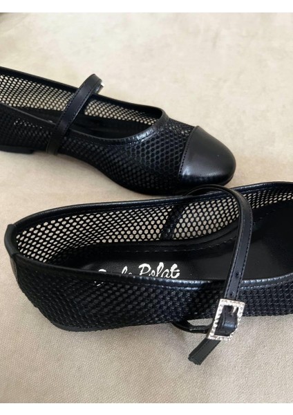 Dicle Polat Shoes Forella Kadın Siyah Fileli Mary Jane Babet Tokalı