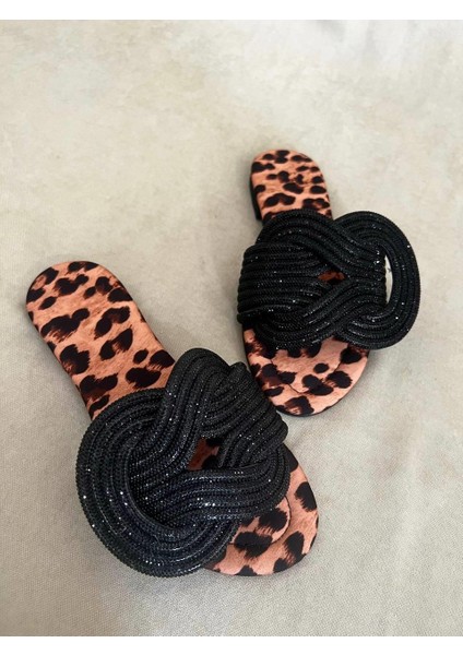 Rova Leopar Sarmal Taşlı Kadın Terlik
