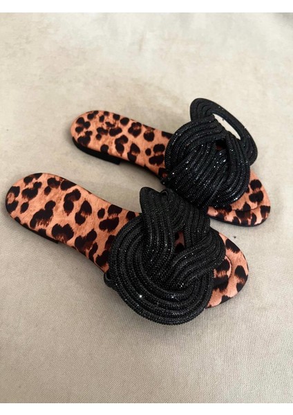 Rova Leopar Sarmal Taşlı Kadın Terlik modelleri