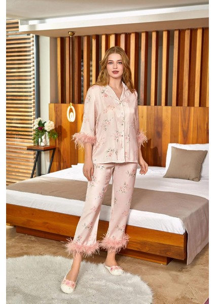 Kadın Uzun Kol Önden Düğmeli Pudra Pijama Takım C8T3N6O42