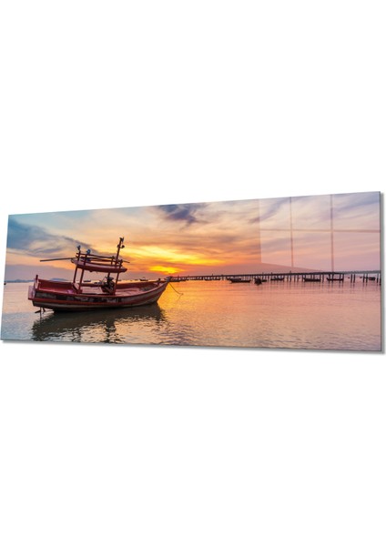 Gün Batımlı Tekne Deniz Manzarası Panoramik Cam Tablo, Ev Ofis Duvar Dekoru, Hediyelik Temperli Cam