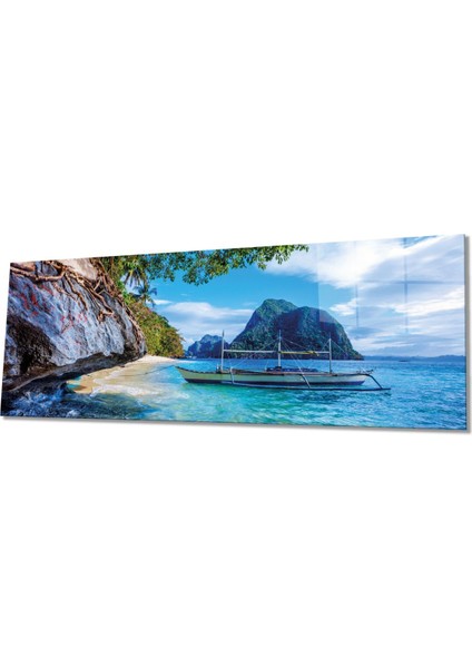 Dinlendirici Deniz ve Tekne Panoramik Cam Tablo, Modern Şık Ev Ofis Duvar Dekoru, Hediyelik Temperli