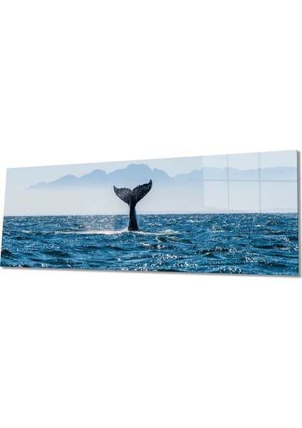 Mavi Deniz Balina Manzara Panoramik Cam Tablo, Ev Ofis Duvar Dekoru Hediyelik Dayanıklı Temperli Cam