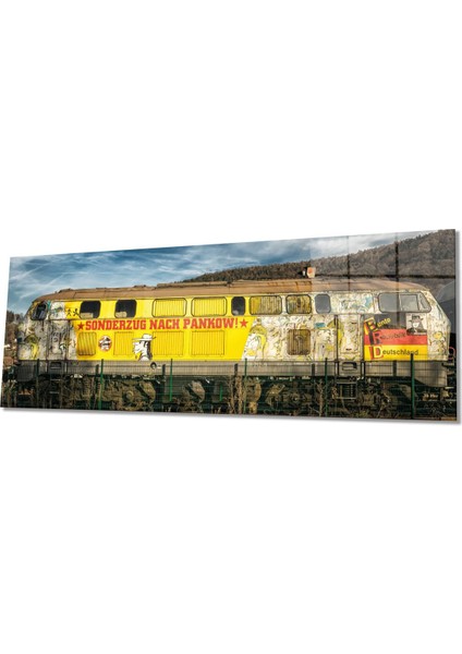 Eski Retro Tren Panoramik Cam Tablo, Modern ve Şık Ev Ofis Duvar Dekoru, Hediyelik Temperli Cam