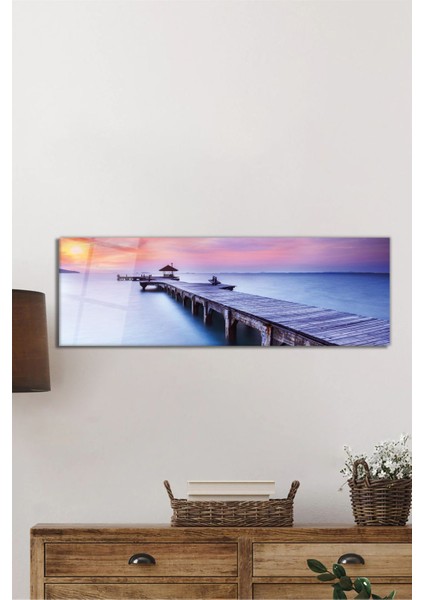 Gün Batımı Iskele Manzara Panoramik Cam Tablo, Ev Ofis Duvar Dekoru Hediyelik Dayanıklı Temperli Cam