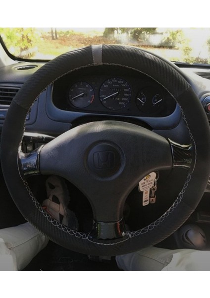 Oto Direksiyon Kılıfı Karbon Alcantra Yüzüklü Model Gri Dikişli