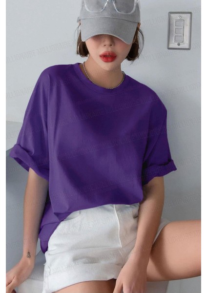 Kadın The Moon Mor Bisiklet Yaka Oversize Salas T-Shirt fiyatları