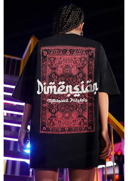 Kadın Dimension Baskılı Siyah Bisiklet Yaka Oversize Salaş T-Shirt