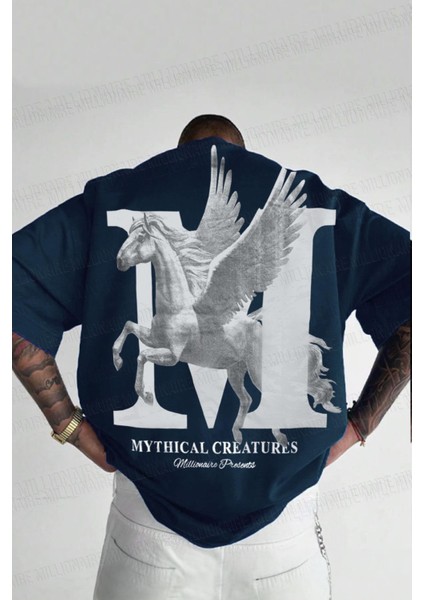 Erkek Mythical Pegasus Baskılı Lacivert Bisiklet Yaka Oversize Salaş T-Shirt