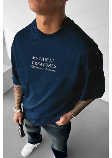 Erkek Mythical Pegasus Baskılı Lacivert Bisiklet Yaka Oversize Salaş T-Shirt fiyatları