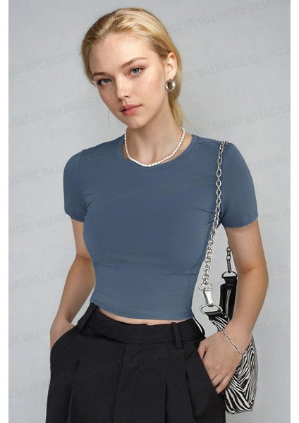 Kadın Füme Bisiklet Yaka Likralı Kısa Kol Body Crop Bluz fiyatları
