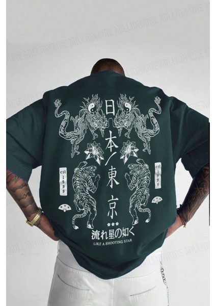 Erkek Dragon Baskılı Petrol Yeşili Bisiklet Yaka Oversize Salaş T-Shirt