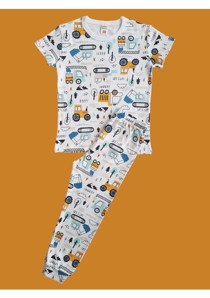 Kısa Kollu Desenli Çocuk Pijama Takım #baskılıçocukpijamatakım #kepçedesenlipijama #çamaşırbahçesi