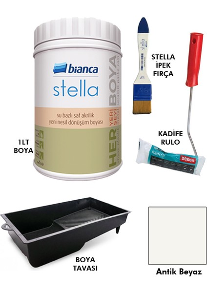 Stella Boya 4 Parçalı Set ( 1lt Boya - Boya Tavası- Stella Ipek Fırça - Kadife Rulo )