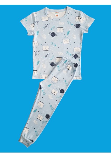 Kısa Kollu Desenli Çocuk Pijama Takım #baskılıçocukpijamatakım #mavidesenlipijama #çamaşırbahçesi