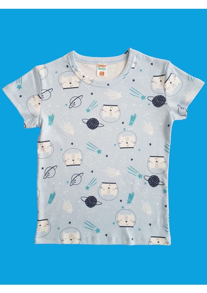 Kısa Kollu Desenli Çocuk Pijama Takım #baskılıçocukpijamatakım #mavidesenlipijama #çamaşırbahçesi